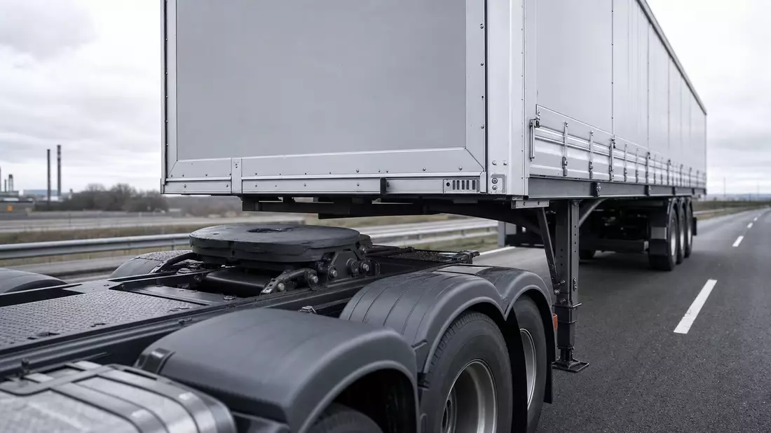 Sattelkupplung und Stützwinde eines Nutzfahrzeug-Trailers auf europäischer Autobahn