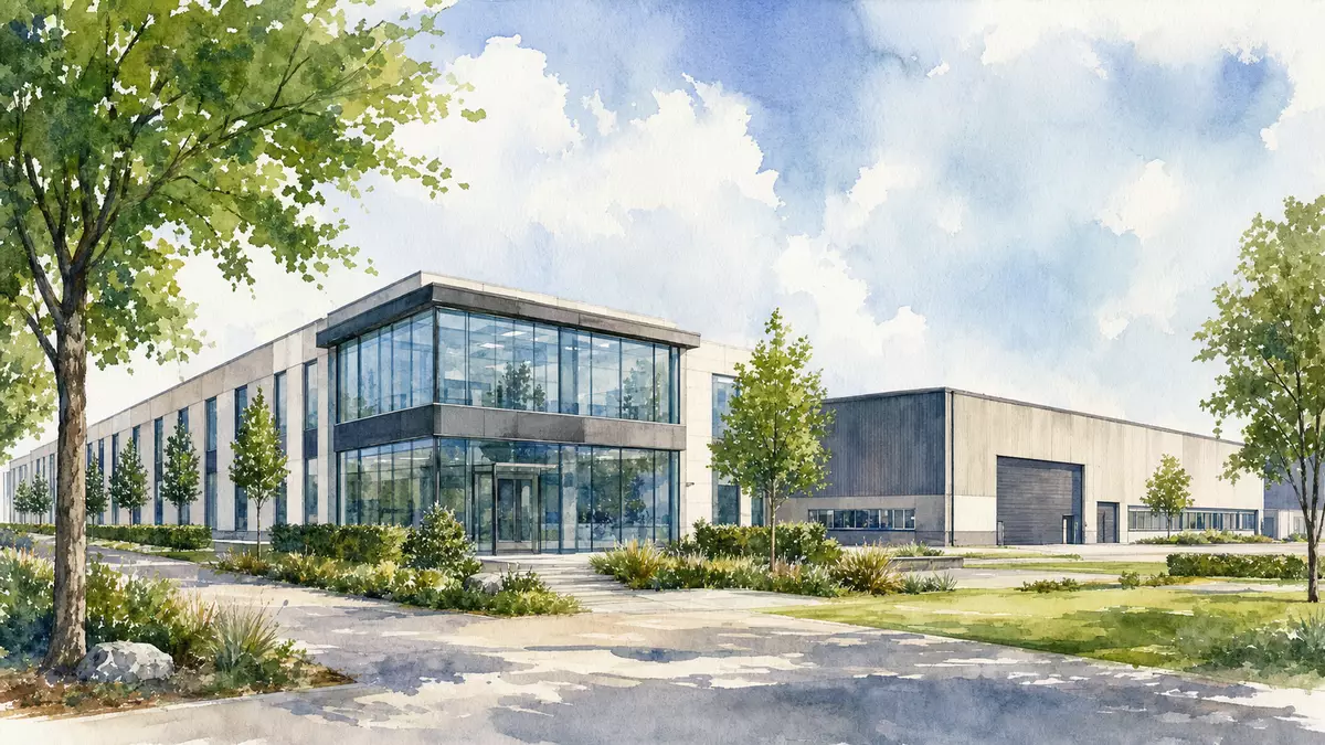 Aquarell eines modernen deutschen Industriecampus in Neu-Isenburg mit Glasfassade