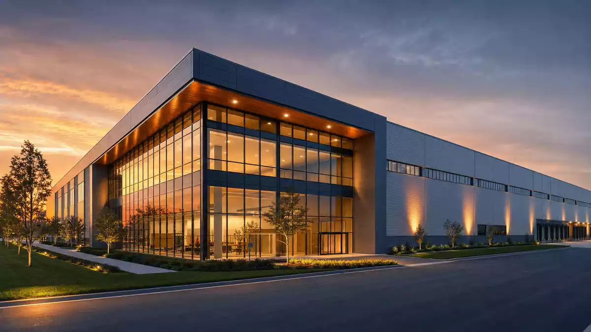 CGI-Render einer modernen Industriefabrik mit Aluminiumverkleidung bei Abenddämmerung