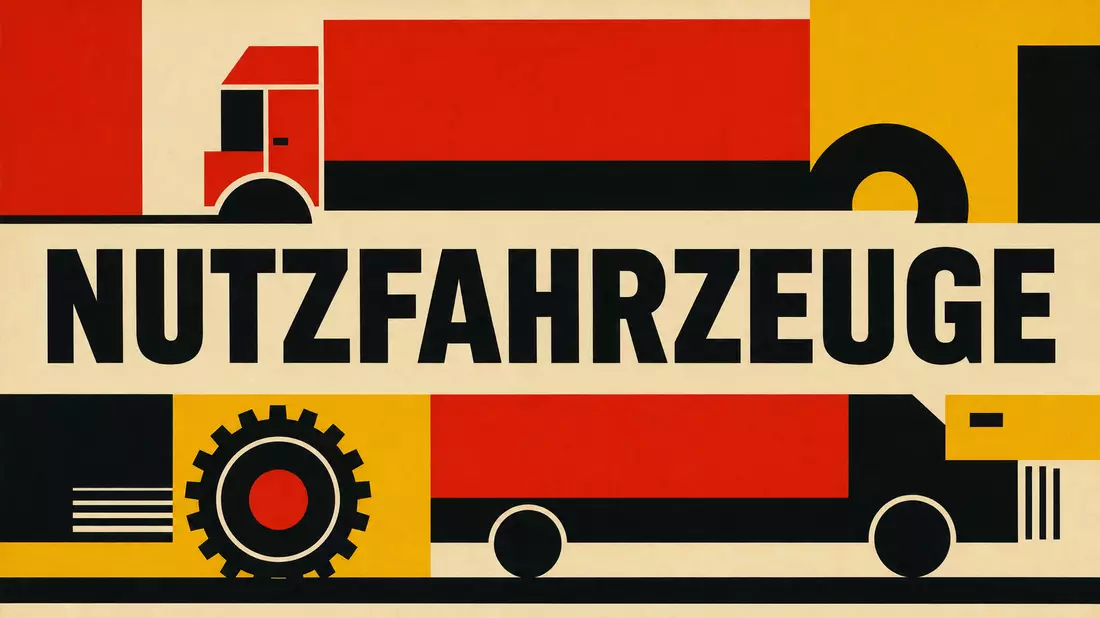 Bauhaus-Grafikposter mit geometrischen LKW-Silhouetten und Text NUTZFAHRZEUGE