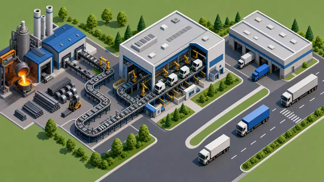Isometrische 3D-Illustration der Lieferkette: Stahlwerk, Montage und Logistikzentrum