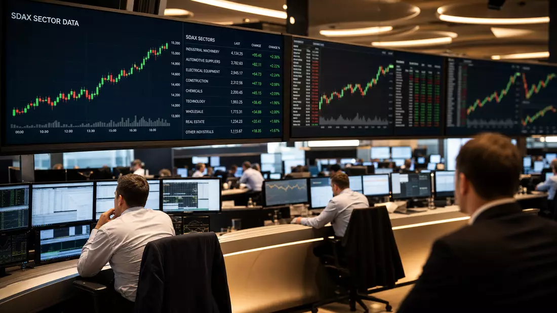 Redaktionsfoto des Frankfurter Börsensaals mit SDAX-Industriecharts und Händlern