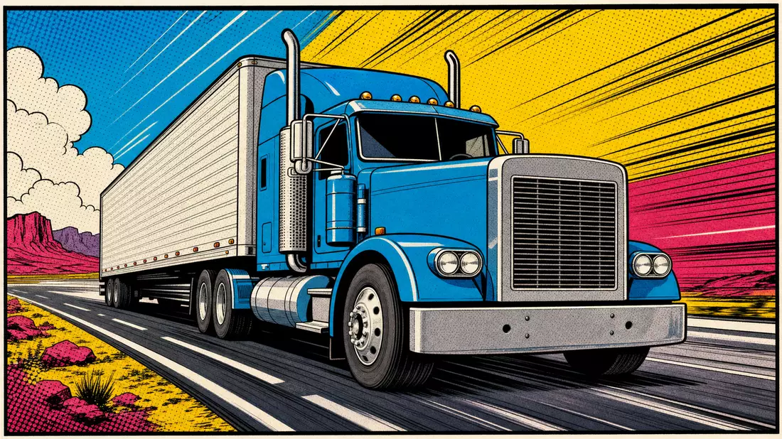 Pop-Art-Comic eines Sattelzugs mit Halbtönen und Speedlines auf bunter Autobahn