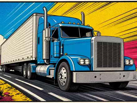 JOST Werke SE DE000JST4000 Pop-Art-Comic zeigt Sattelzug mit Halbtonpunkten auf bunter Autobahn - Foto: THN