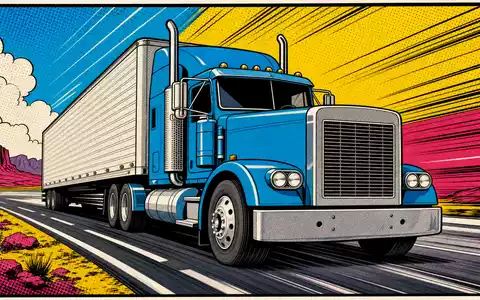 JOST Werke SE DE000JST4000 Pop-Art-Comic zeigt Sattelzug mit Halbtonpunkten auf bunter Autobahn - Foto: THN