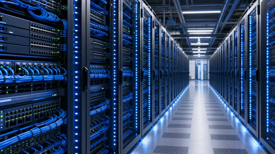 Fotorealistisches Rechenzentrum mit blauen LED-beleuchteten Serverracks und Netzwerkkabeln
