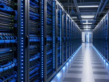 Juniper Networks Rechenzentrum mit blauen LED-beleuchteten Serverracks zeigt die Netzwerkinfrastruktur von US48203R1041 - Foto: THN