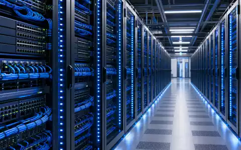 Juniper Networks Rechenzentrum mit blauen LED-beleuchteten Serverracks zeigt die Netzwerkinfrastruktur von US48203R1041 - Foto: THN