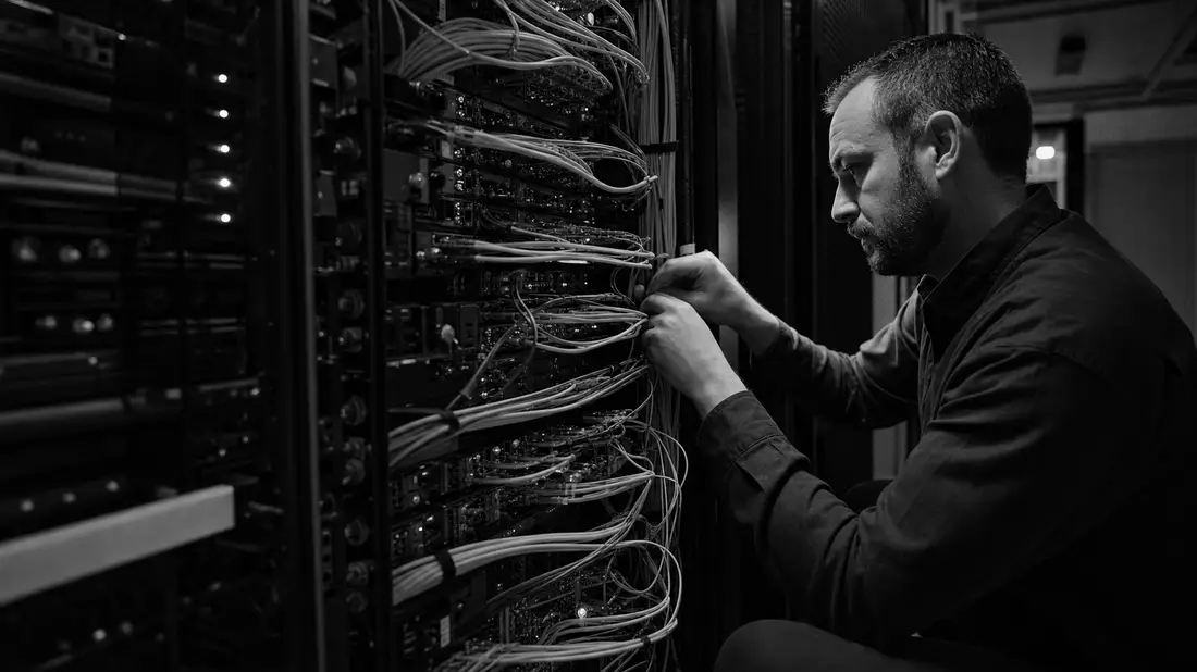 Dokumentarisches Schwarzweiß-Foto eines Netzwerktechnikers beim Anschließen von Kabeln im Serverraum