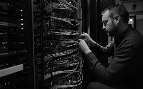 Diese Schwarzweiß-Reportage zeigt einen Netzwerktechniker bei der Juniper Networks Serverarbeit, ISIN US48203R1041 - Foto: THN