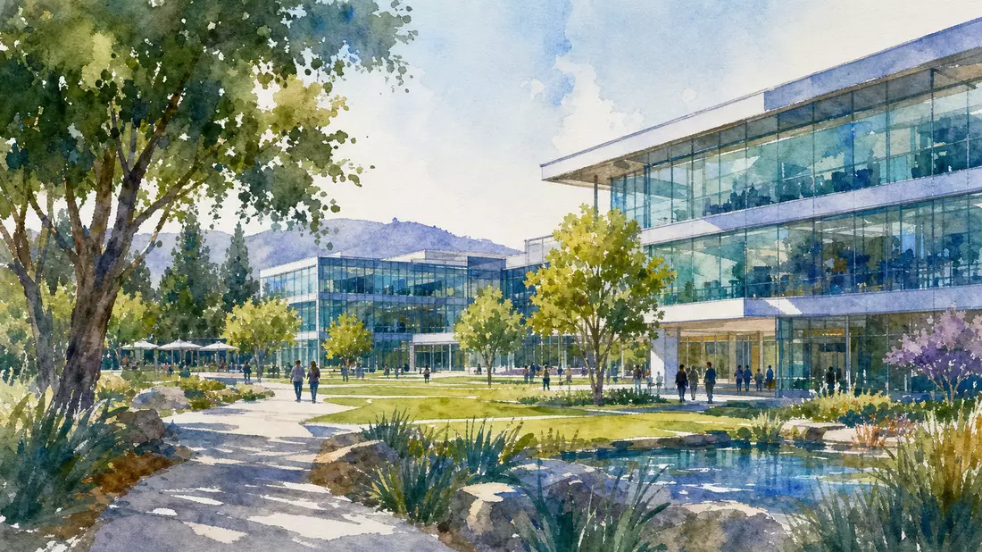 Aquarellmalerei eines modernen Tech-Campus mit Glasgebäuden und Bäumen in Sunnyvale Kalifornien