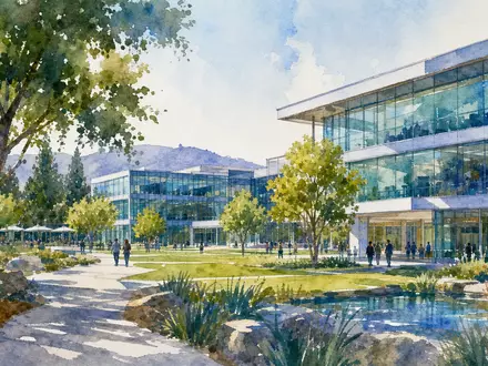 Aquarell des modernen Silicon-Valley-Campus von Juniper Networks illustriert die sonnige Heimat von US48203R1041 - Foto: THN
