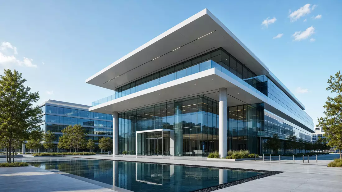 Fotorealistisches CGI-Rendering eines modernen Unternehmensgebäudes mit Glasfassade und Wasserbecken
