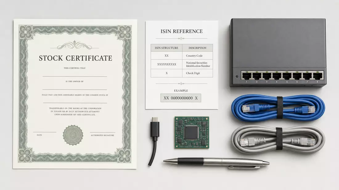 Draufsicht-Arrangement mit Aktienzertifikat, ISIN-Karte, Netzwerk-Switch und Ethernet-Kabeln