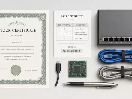 Flatlay mit Aktienzertifikat und ISIN-Karte repräsentiert das Netzwerk-Wertpapier Juniper Networks, ISIN US48203R1041 - Foto: THN