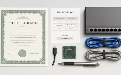 Flatlay mit Aktienzertifikat und ISIN-Karte repräsentiert das Netzwerk-Wertpapier Juniper Networks, ISIN US48203R1041 - Foto: THN