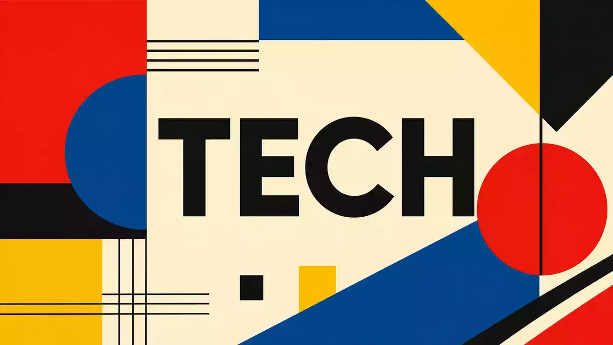 Geometrisches Bauhaus-Poster mit dem Wort TECH in kräftigen Primärfarben Rot Blau Gelb