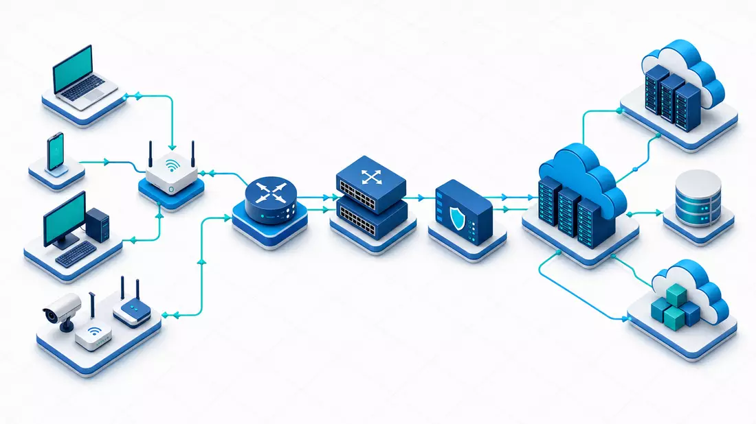 Isometrische 3D-Illustration einer vernetzten Infrastruktur mit Routern, Switches und Cloud-Servern