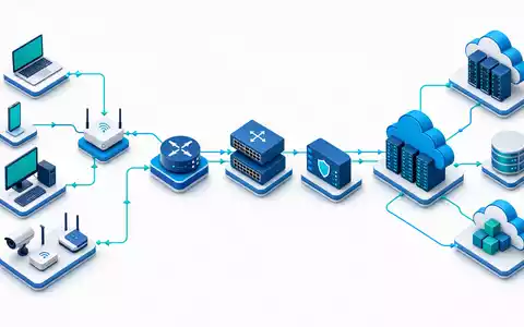 Isometrisches 3D-Diagramm der Netzwerk-Wertschöpfungskette visualisiert das vernetzte Geschäftsmodell von Juniper Networks US48203R1041 - Foto: THN