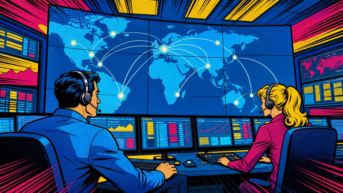 Bunter Pop-Art-Comic von Technikern im Netzwerkkontrollraum mit Weltkarte und Halbtöne-Muster