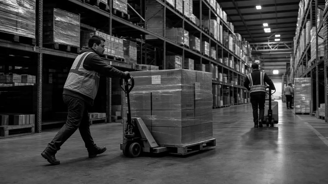 Schwarzweiß-Reportage: Lagerarbeiter mit Hubwagen in Industriehalle