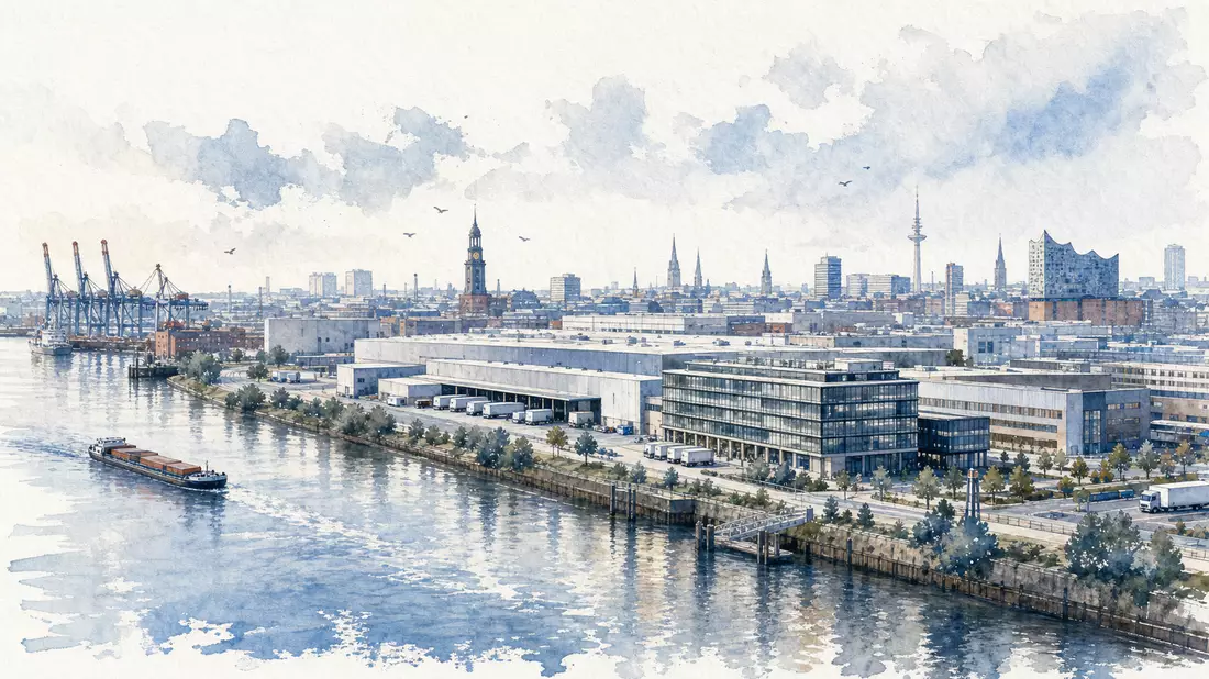 Aquarellgemälde Hamburger Industriehafen mit Logistikgebäuden an der Elbe