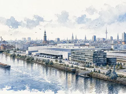 Jungheinrich AG (Vz.) DE0006219934 Aquarellillustration Hamburger Industriecampus an der Elbe mit Logistikgebäuden - Foto: THN