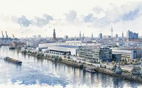 Jungheinrich AG (Vz.) DE0006219934 Aquarellillustration Hamburger Industriecampus an der Elbe mit Logistikgebäuden - Foto: THN