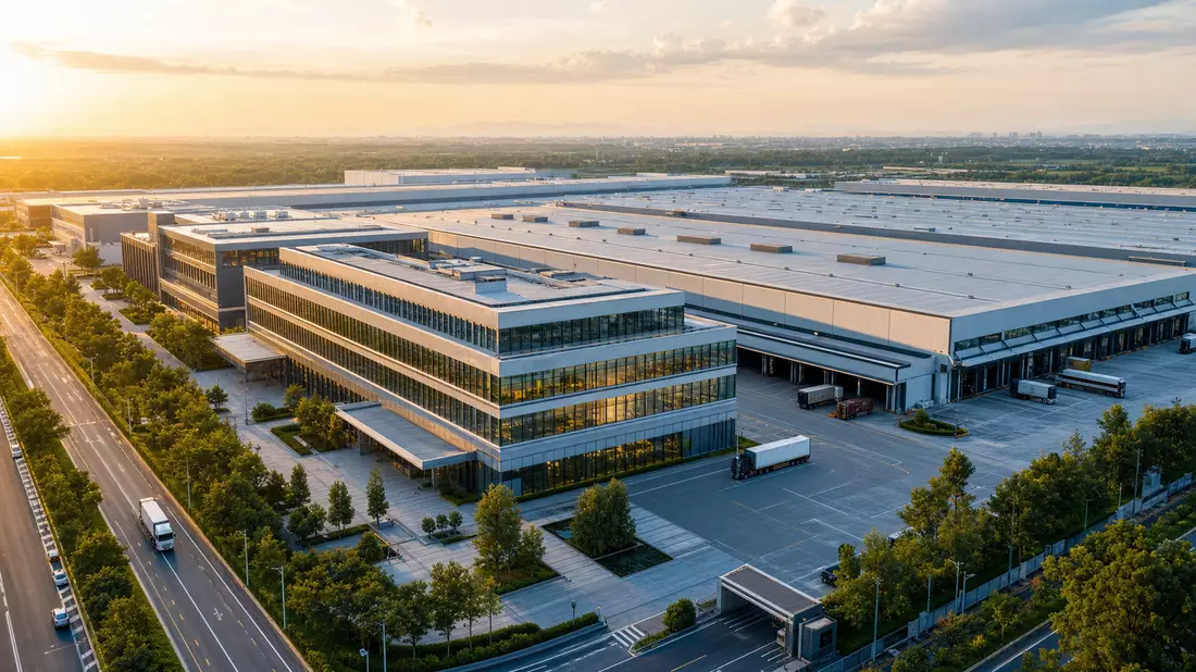 Architektur-Render moderner Industrie-Logistik-Campus aus der Vogelperspektive