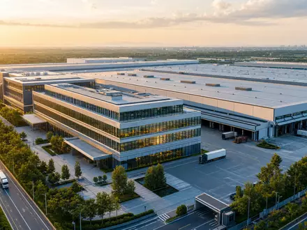 Jungheinrich AG (Vz.) DE0006219934 CGI-Architekturrender moderner Logistik- und Maschinenbaucampus mit Verladedocks bei Sonnenuntergang - Foto: THN