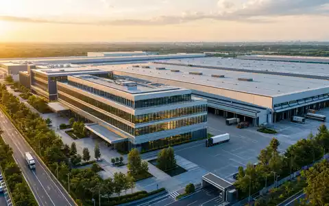 Jungheinrich AG (Vz.) DE0006219934 CGI-Architekturrender moderner Logistik- und Maschinenbaucampus mit Verladedocks bei Sonnenuntergang - Foto: THN
