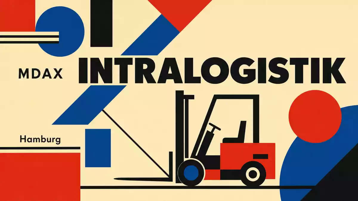 Bauhaus-Poster: geometrische Formen, INTRALOGISTIK-Text, abstrakte Gabelstapler-Silhouette