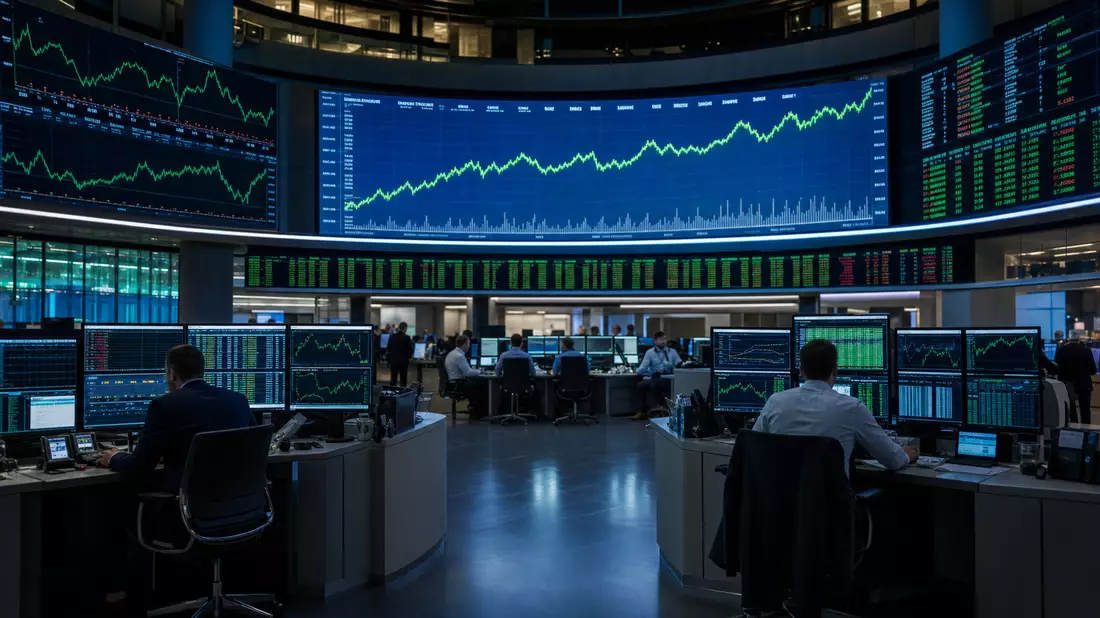 Frankfurter Börse Handelsparkett mit MDAX-Kursdisplays und Händlern