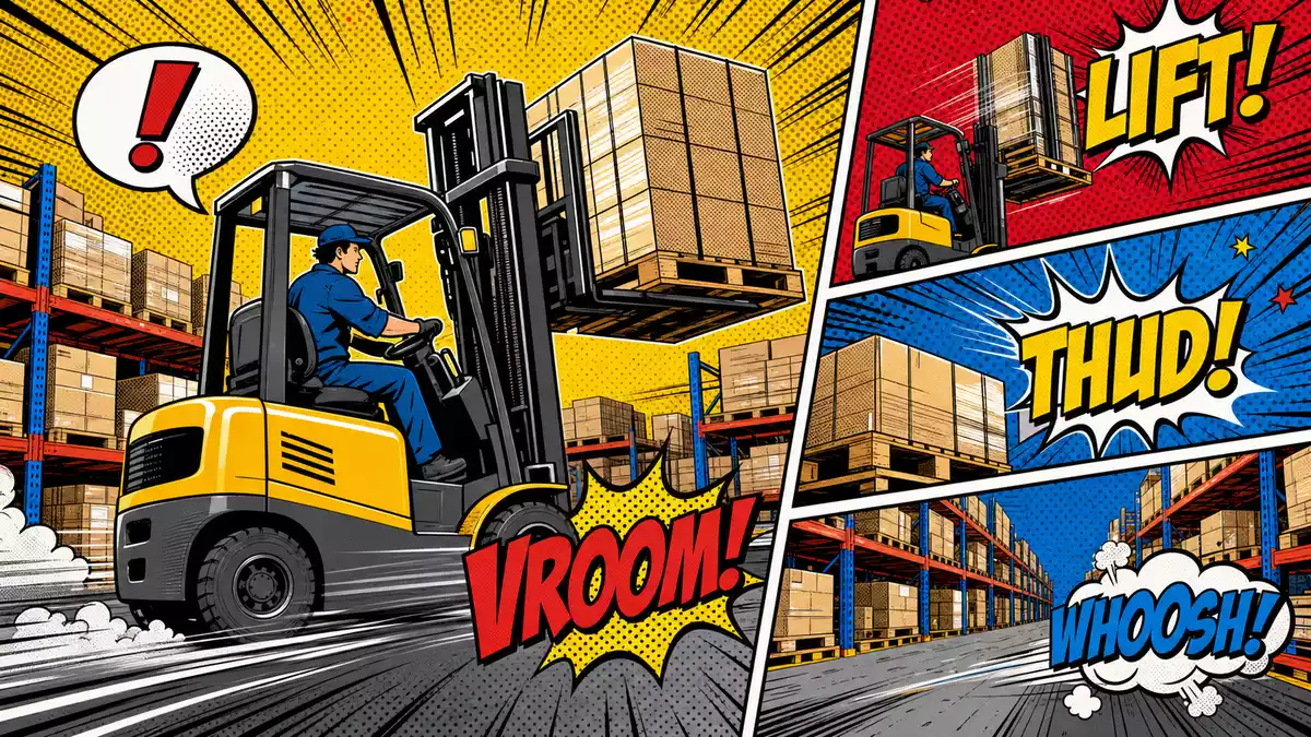 Pop-Art-Comic: dynamischer Gabelstapler in Lagerhalle mit Halbtonraster und Actiontext