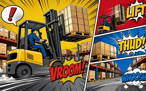 Jungheinrich AG (Vz.) DE0006219934 Pop-Art-Comicszene dynamischer Gabelstapler in Lager mit Halbtonpunkten und Comicschrift - Foto: THN