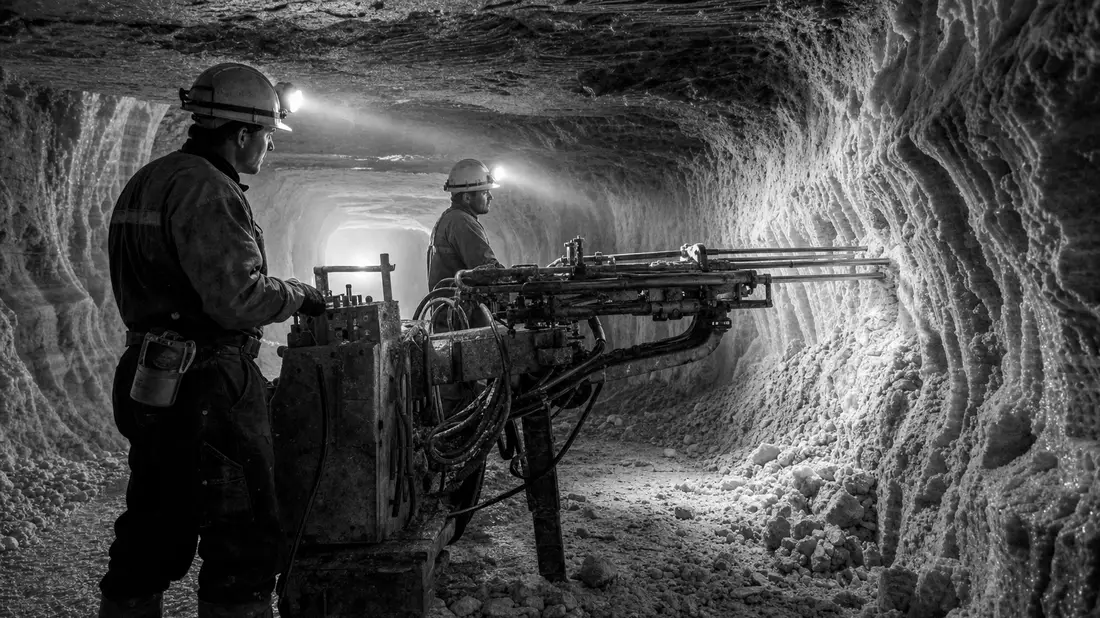 Schwarzweißes Reportagefoto von Bergleuten mit Bohrmaschinen in einem Salzstollen unter Tage