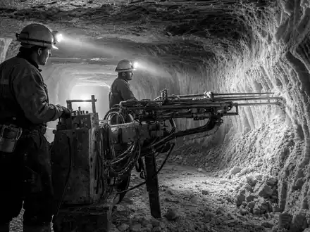 K+S AG Untertage-Bergwerk DE000KSAG888 als dokumentarische Schwarzweißaufnahme mit Bergleuten an Bohrmaschinen tief im Stollen - Foto: THN