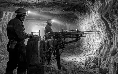 K+S AG Untertage-Bergwerk DE000KSAG888 als dokumentarische Schwarzweißaufnahme mit Bergleuten an Bohrmaschinen tief im Stollen - Foto: THN