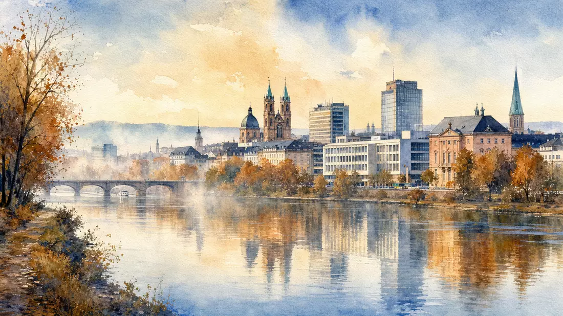 Aquarellbild der Kasseler Stadtsilhouette mit Fuldaspiegelung und herbstlichen Farbtönen