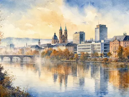K+S AG Unternehmenssitz Kassel DE000KSAG888 als Aquarell mit Fuldafluss und Stadtsilhouette im goldenen Herbst - Foto: THN