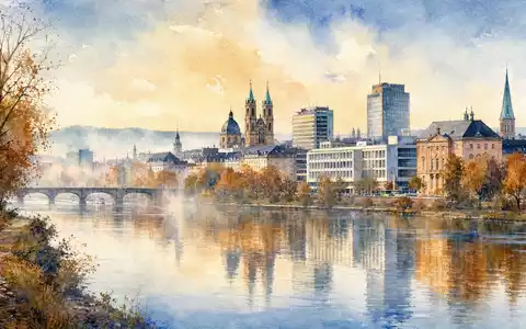 K+S AG Unternehmenssitz Kassel DE000KSAG888 als Aquarell mit Fuldafluss und Stadtsilhouette im goldenen Herbst - Foto: THN