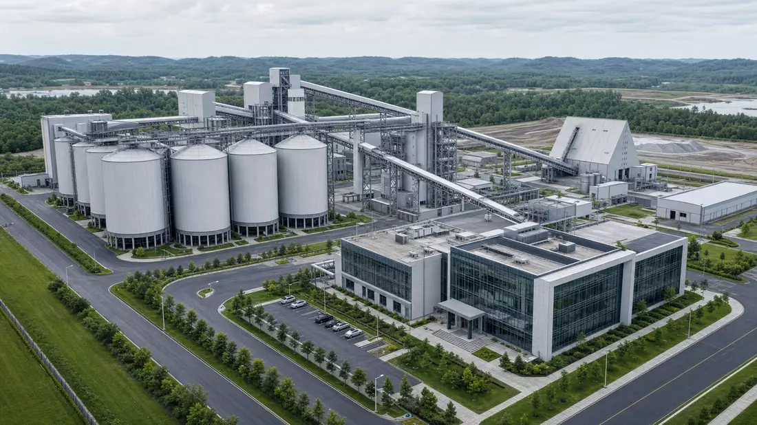 Architektur-Render einer Kaliverarbeitungsanlage mit Silos, Fördertechnik und Glasfassade