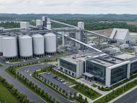 K+S AG Kali-Verarbeitungsanlage DE000KSAG888 als modernes Architektur-Render mit Silos Fördertechnik und gläsernem Verwaltungsgebäude - Foto: THN
