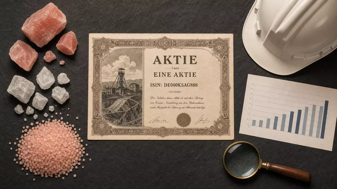 Draufsicht auf Aktienzertifikat DE000KSAG888 mit Kali-Gesteinsproben, Schutzhelm, Lupe und Chart