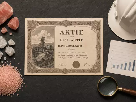K+S AG Aktien-Flatlay DE000KSAG888 mit Aktienzertifikat rosa Kalimineralien Bergbauhelm Lupe und gedrucktem Kursdiagramm - Foto: THN