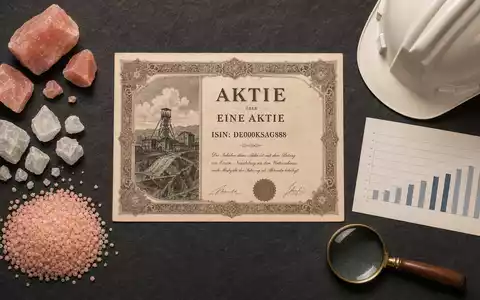 K+S AG Aktien-Flatlay DE000KSAG888 mit Aktienzertifikat rosa Kalimineralien Bergbauhelm Lupe und gedrucktem Kursdiagramm - Foto: THN
