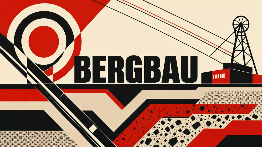 Bauhaus-Konstruktivismus-Plakat mit BERGBAU-Schriftzug, Kreisen und Bergbauturm-Silhouette in Rot-Schwarz