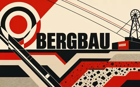 K+S AG Bergbausektor DE000KSAG888 als Bauhaus-Poster mit geometrischen Formen und großem BERGBAU-Schriftzug - Foto: THN