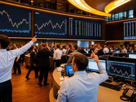 K+S AG MDAX-Börse DE000KSAG888 als Editorial-Foto vom Frankfurter Handelsparkett mit Rohstoff-Kurscharts und Händlern - Foto: THN
