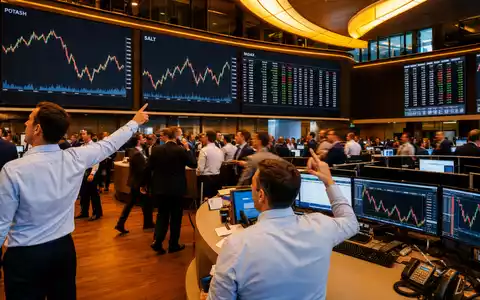 K+S AG MDAX-Börse DE000KSAG888 als Editorial-Foto vom Frankfurter Handelsparkett mit Rohstoff-Kurscharts und Händlern - Foto: THN